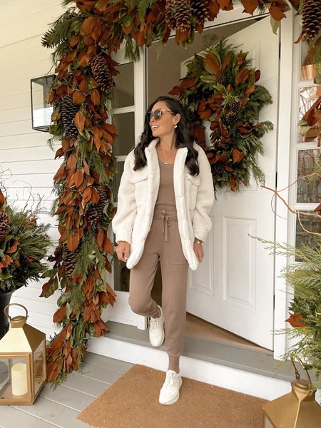 Kat Jamieson of With Love From Kat shares a casual outfit. Knit matching set, sherpa jacket, sneakers, neutral style. 

#LTKstyletip #LTKSeasonal