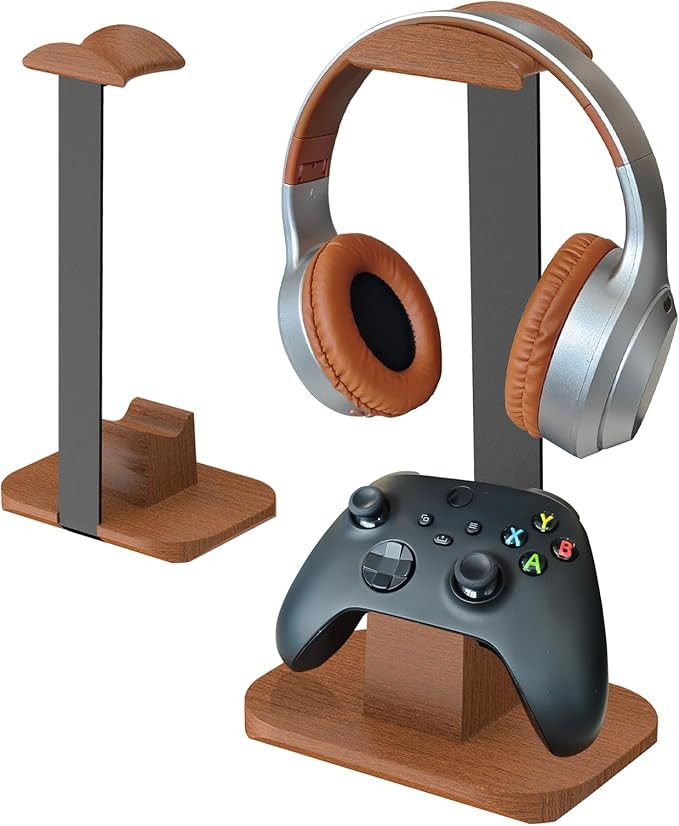 Walnut Headphone and Controller Stand, Desk Gaming Equipment Wooden Headset Controller Holder, Ea... | Amazon (US)