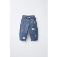 Zara - Embroidered Floral Barrel Jeans - Blue - 3 Years (38,6 Inches) - Kids | Zara US