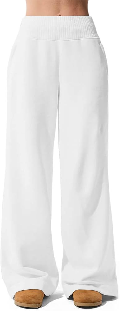HeSaYep Womens Wide Leg Sweatpants 2025 Ribbed High Waist Straight Leg Baggy Sweat Pants with 4 P... | Amazon (US)