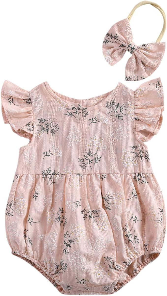 Little Infant Baby Girl Summer One Piece Outfit Clothes Sleeveless Cotton Linen Romper with Headb... | Amazon (US)