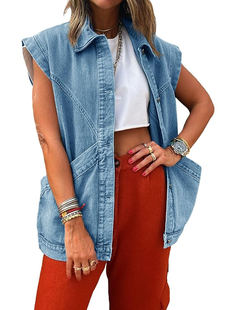 PLNOTME Womens Oversized Sleeveless Denim Vest Classic Button Down Jean Vest Casual Utility Lapel... | Amazon (US)