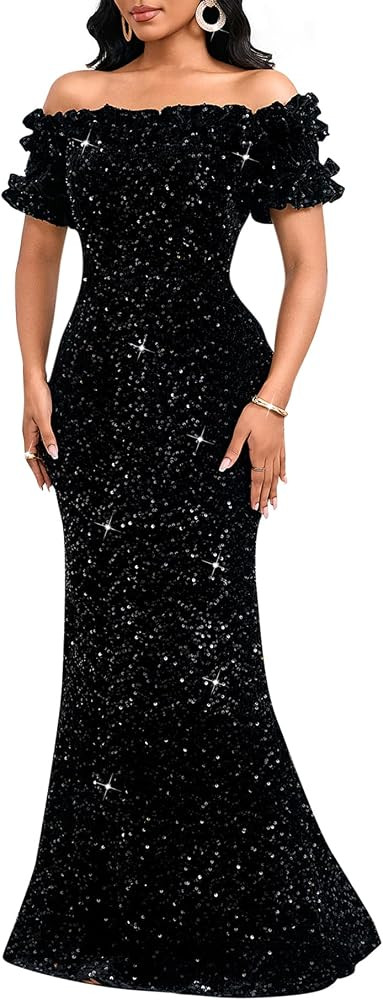 Women Sexy Sequin Off Shoulder Ruffle Short Sleeve Bodycon Mermaid Party Formal Evening Maxi Dres... | Amazon (US)