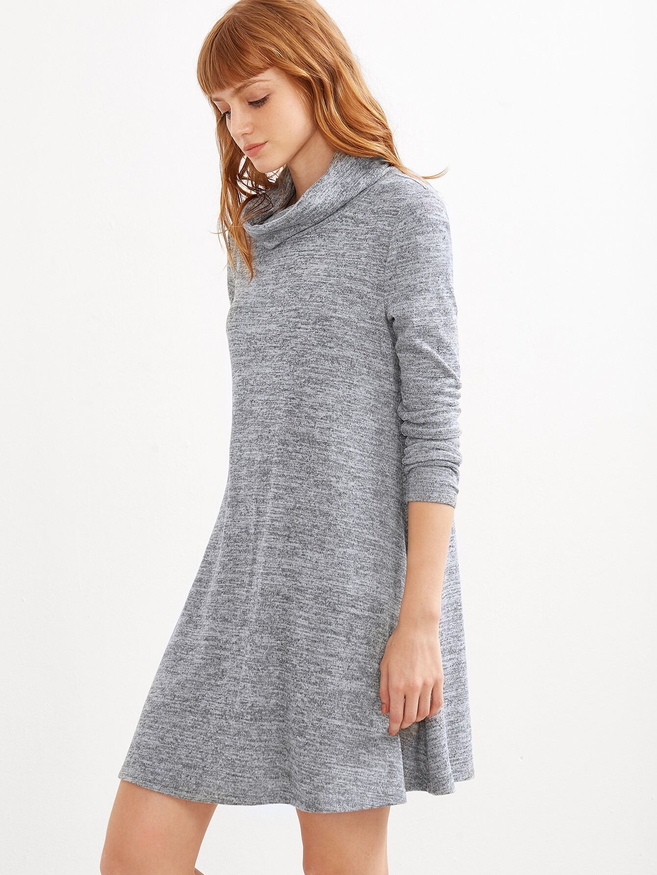 Grey Marled Knit Cowl Neck A Line Dress | ROMWE