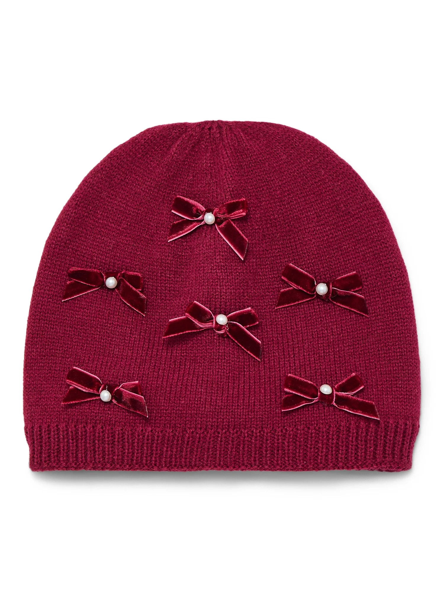 No Boundaries Velvet Bow Beanie Hat, One Size, Sparkling Merlot, Women's | Walmart (US)