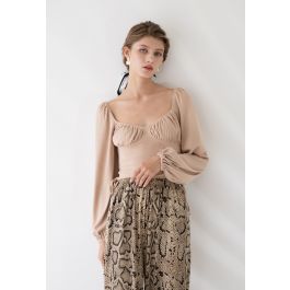 Side Drawstring Sweetheart Neck Crop Top in Tan | Chicwish