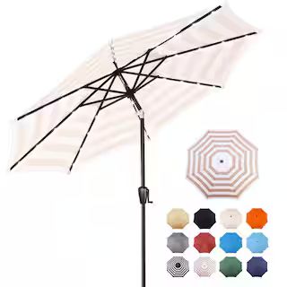 Sun-Ray 9 ft. Steel Market Solar Lighted 8-Rib Round Patio Umbrella in Beige and White Stripe 801... | The Home Depot