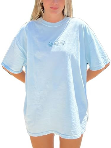 Cute Vintage Embroidered Seashell Oversized Graphic Tshirts California Beach Aesthetic Mini Shell Tees Preppy Summer Tops for Women Teen Girl Clothes | Amazon (US)