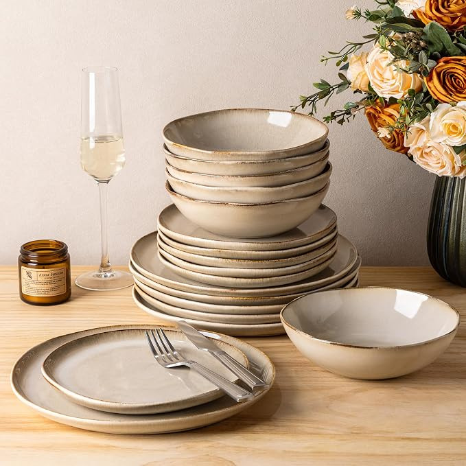 GBHOME Stoneware Dinnerware Sets for 6,18 Piece Rustic Plates and Bowls Set | Earthenware Handmad... | Amazon (US)