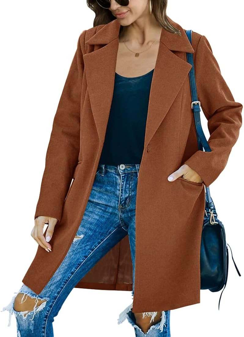 Fazortev Womens Casual Long Sleeve Wool Blend Pea Coat Lapel Notched Collar Warm Midi Jacket Over... | Amazon (US)