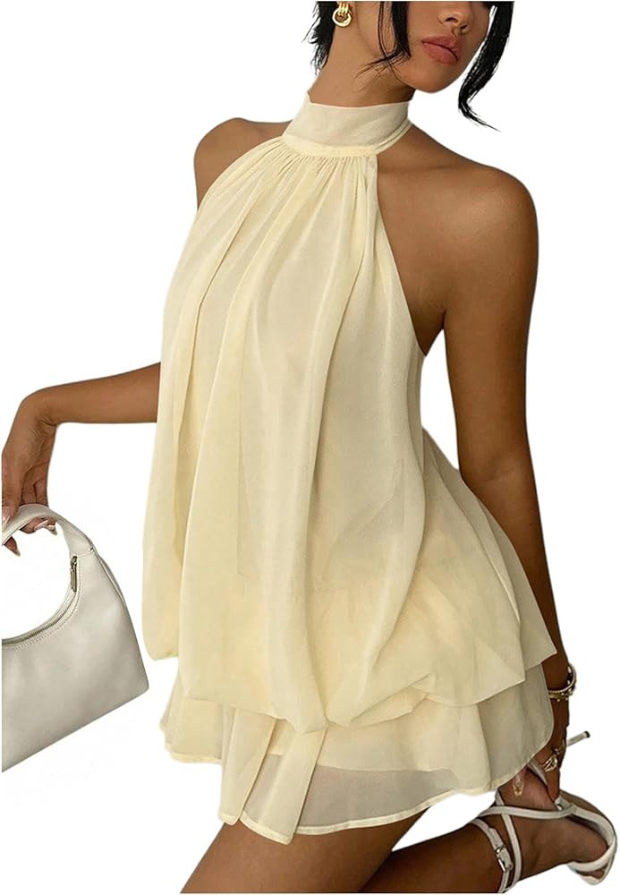 Verdusa Women's Chiffon Halter Drop Waist Wedding Guest Dresses Ruffle Summer Mini Dress Brunch O... | Amazon (US)