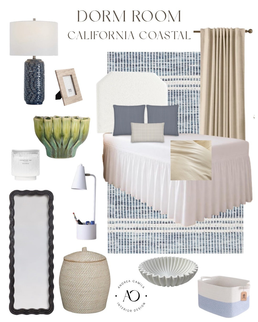 Affordable dorm bedroom decor. Interior designer approved. How to make your dorm bedroom look expensive. Blackout curtains with tension rod. Laundry hamper. Desk lamp. Ceramic table lamp. Full length mirror. Marble picture frame. Coastal vase. Cotton duvet cover linen soft wrinkle texture. Woven storage basket for shelves, cotton rope baskets. White decorative bowl scallop ruffle bowl. Ocean retreat scented candle. Dorm headboard with legs. Dorm bed skirt. Machine washable blue striped area rug. California coastal style ￼

#LTKHome #LTKSaleAlert #LTKgrwm