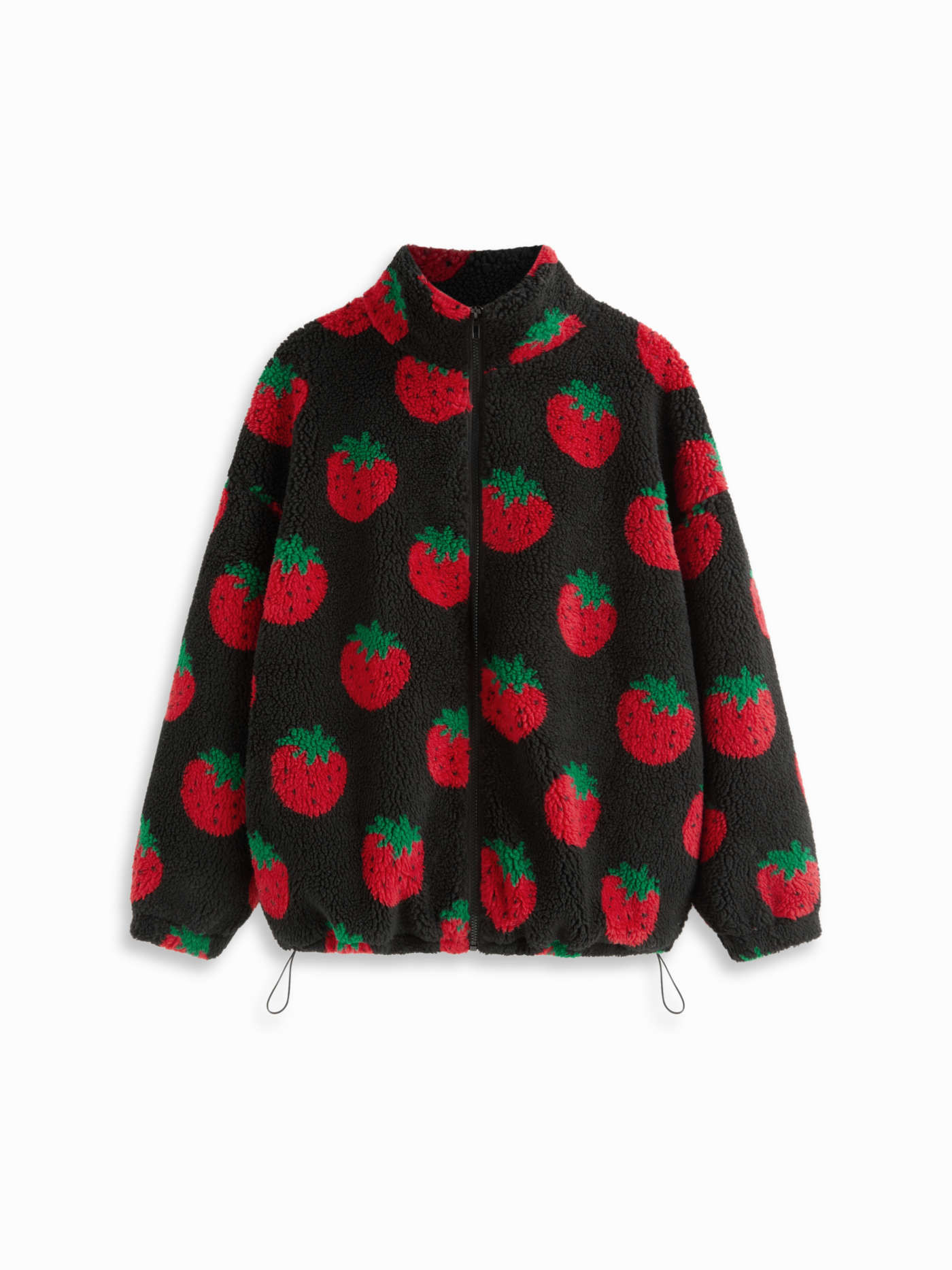 Fleece Fleece High Neck Strawberry Pocket Drawstring Oversized Jacket For Vacation | Cider