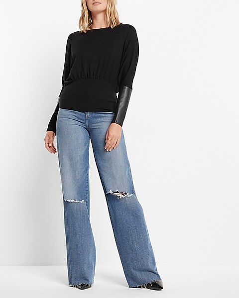 Solid Faux Leather Cuff Sweatshirt | Express