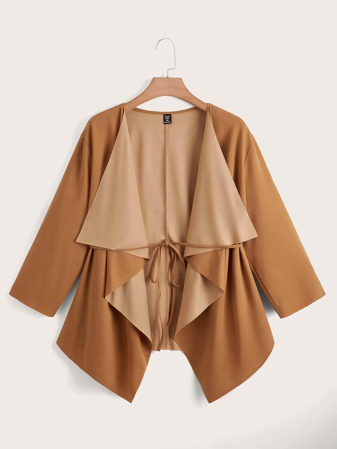 SHEIN Plus Waterfall Collar Belted Coat | SHEIN