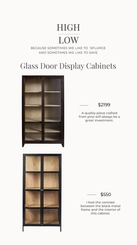 Transitional style glass door display cabinets in black with wood interiors.



#LTKhome #LTKFind