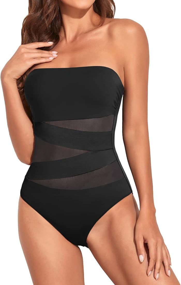 Holipick Women Strapless Bandeau One Piece Swimsuits Sexy Mesh Cutout Bathing Suits Tummy Control... | Amazon (US)