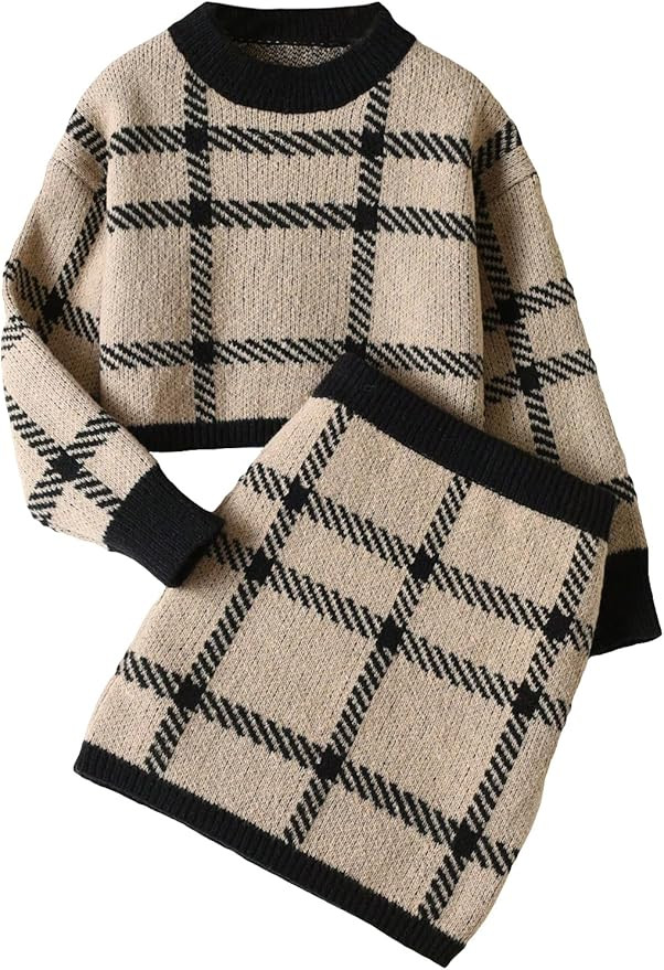 SHENHE Girl's 2 Piece Outfits Cable Knit Crewneck Sweater and Knit Mini Skirt Set | Amazon (US)