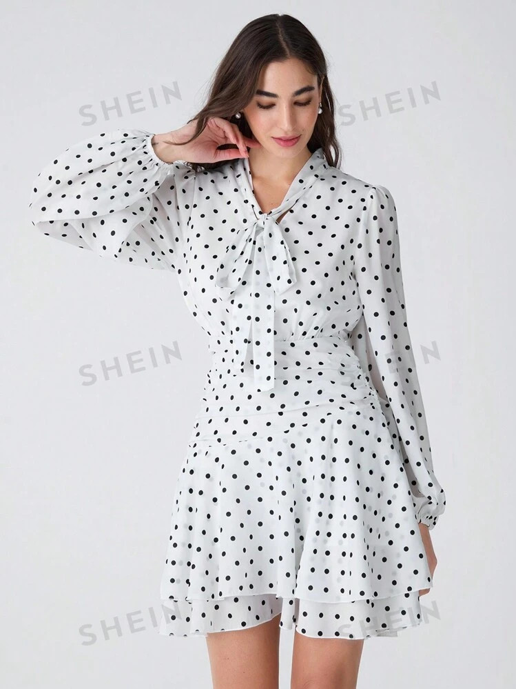 Enchnt Women's Polka Dot Print Tie Neck Lantern Sleeve Elegant Short Dress,Winter Dresses,Christm... | SHEIN