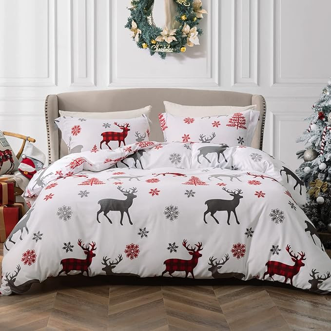MILDLY Christmas Duvet Covers Queen Size 100% Brushed Microfiber Snowflake Reindeer Printed Winte... | Amazon (US)