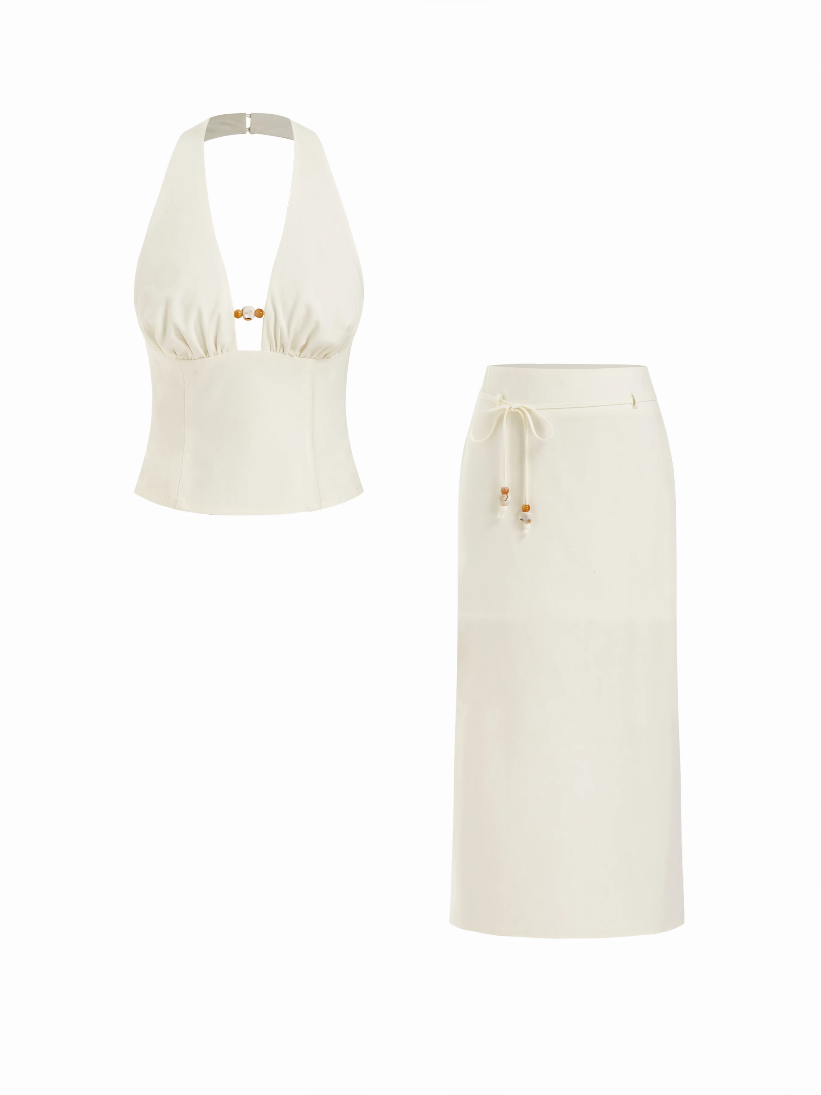 Linen-blend Linen-blend Cotton-blend Halter Neck Backless Ruched Top & Mid Rise Pencil Maxi Skirt... | Cider