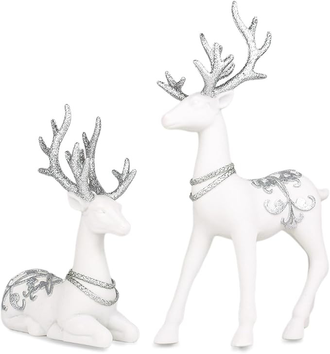 2pcs Elegant Christmas Reindeer Decorations, 13.8" Flocking Christmas Reindeer Figurines with Emb... | Amazon (US)