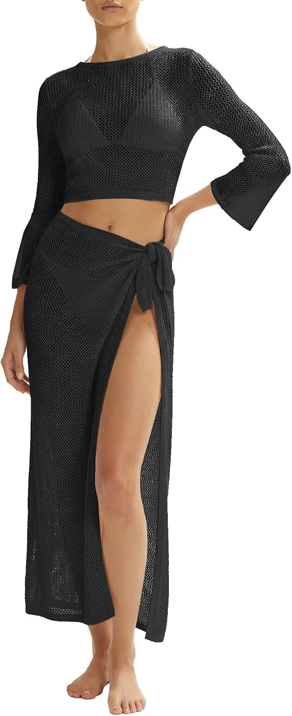 MANGOPOP Womens 2 Piece Swimsuit Coverup Crochet Bathing Suit Cover Up Set | Amazon (US)