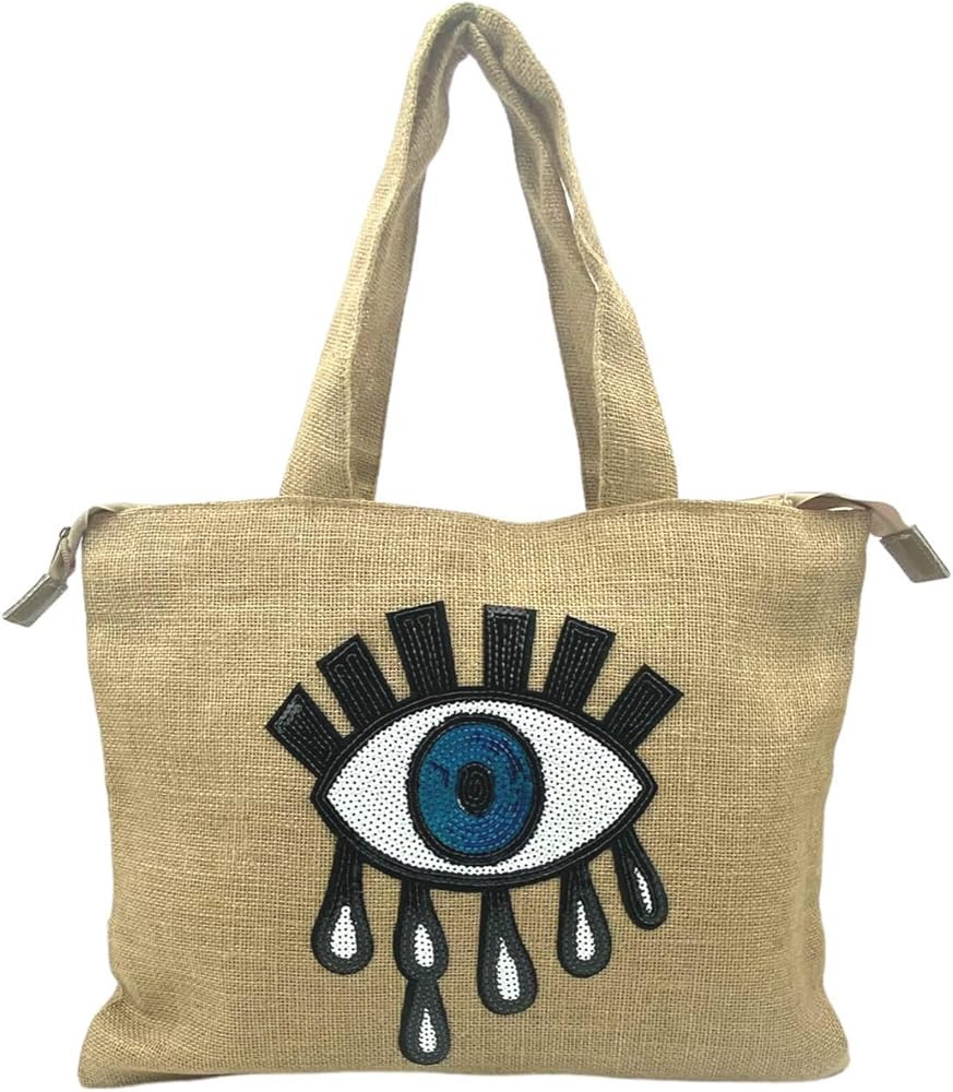 Evil Eye Tote Bag for Women Jute Bag With Handles Beach Bags With Zipper Waterproof | Amazon (US)