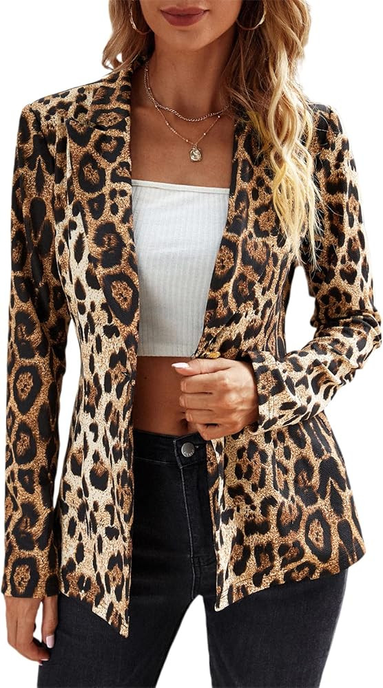 WDIRARA Women's Graphic Print Blazer Button Open Front Long Sleeve Jacket Multicolored | Amazon (US)