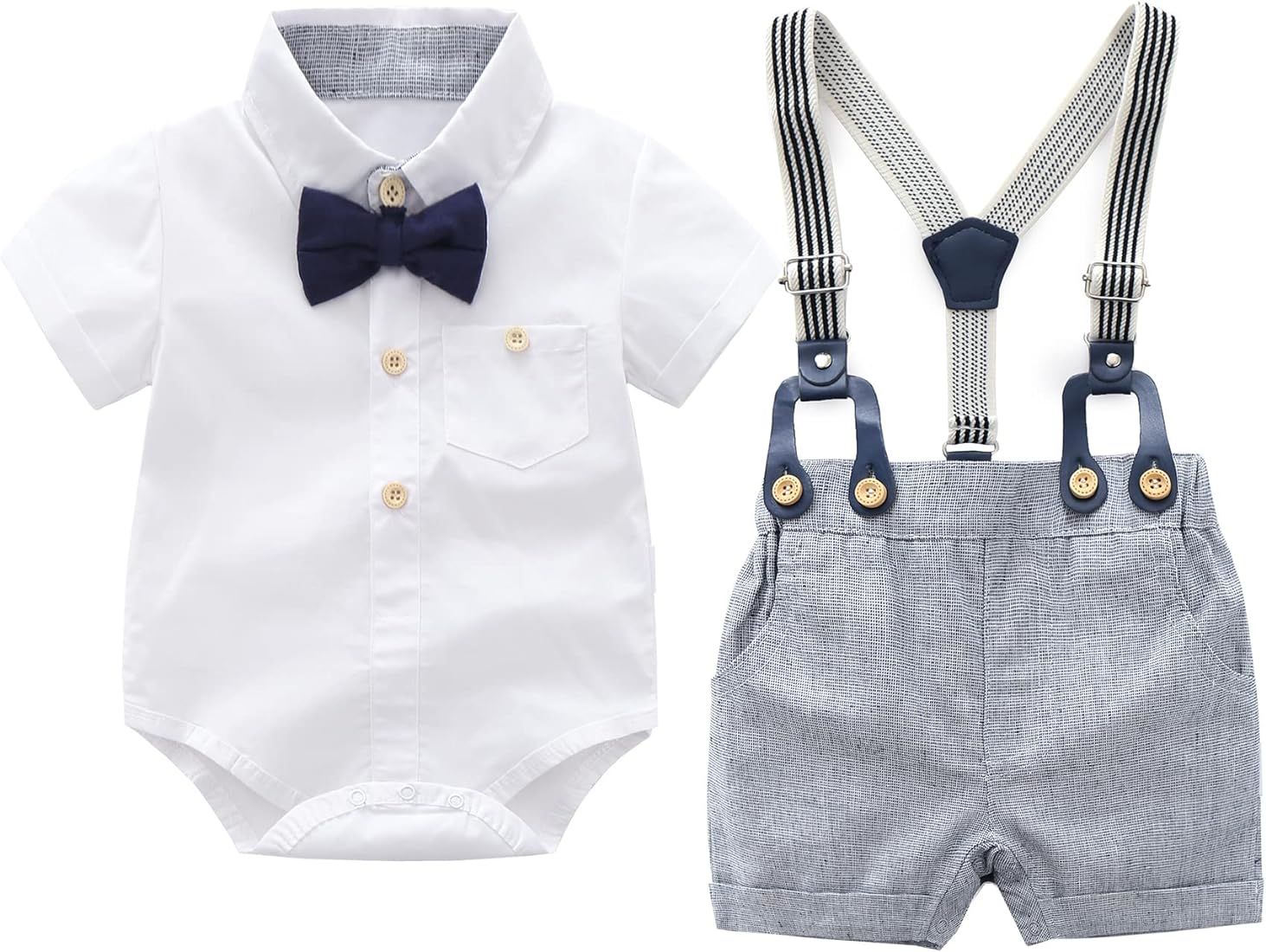 Baby Boys Gentleman Outfits Suits, Infant Short Sleeve Shirt+Shorts+Bow Tie+Suspenders Clothes Se... | Amazon (US)