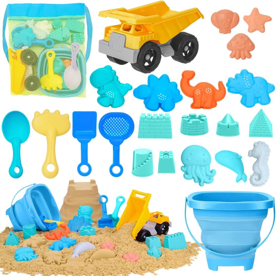 Beach Toys, 23Pcs Sand Toys, Sandbox Toys with Dump Truck, Collapsible Sand Bucket, Shovel Set, S... | Amazon (US)