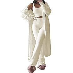 Pink Wind Women's Fuzzy 3 Piece Sweatsuit Open Front Cardigan Crop Top Wide Legs Pants Loungewear... | Amazon (US)