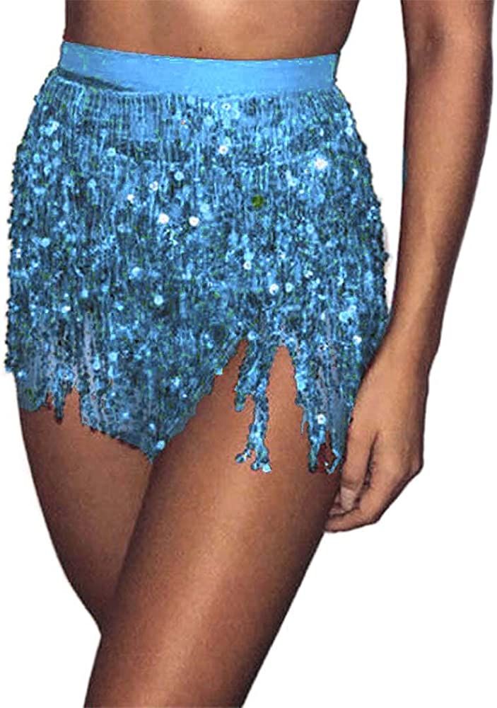 Victray Belly Dance Hip Skirt Tassel Scarf Sequin Wrap Rave Costume for Women | Amazon (US)