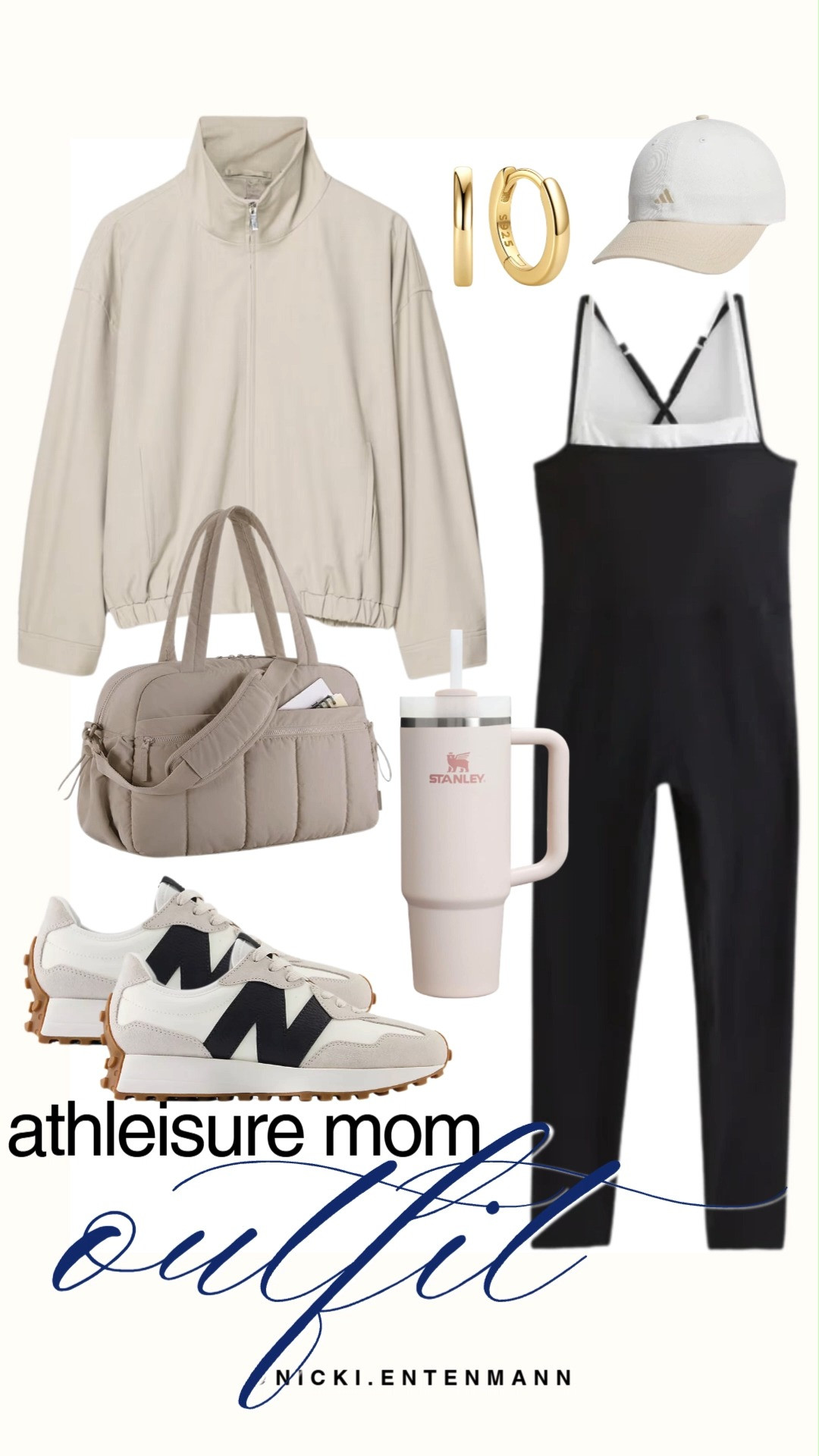Stay chic and comfortable with an effortless athleisure mom outfit featuring a sleek black jumpsuit, cream zip jacket, neutral sneakers, cap, padded bag, gold hoops, and tumbler perfect for busy days on the go. #momstyle #athleisure #momoutfit #casualstyle #streetstyle #everydayfashion #outfitinspiration #activewear #stylefinds #modernliving 👟👜✨ 

 #LTKootd #LTKActive #LTKSaleAlert