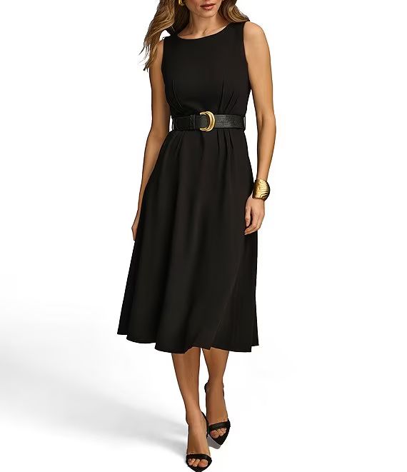 Sleeveless Crew Neck Belted Crepe Fit And Flare Midi Dress | Dillard's