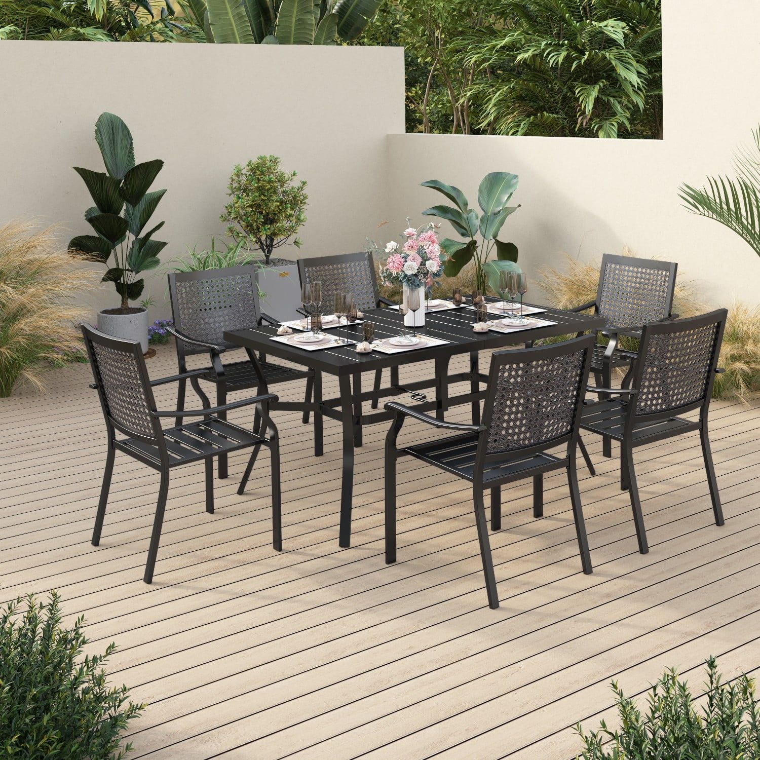 Sophia&William 7 Pieces Patio Dining Set Metal Stackable Chairs and Table,Black - Walmart.com | Walmart (US)