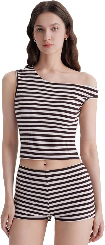 SUUKSESS Women 2 Piece Striped Sets Padded Off Shoulder Crop Top Mini Shorts Summer Y2K Going Out... | Amazon (US)