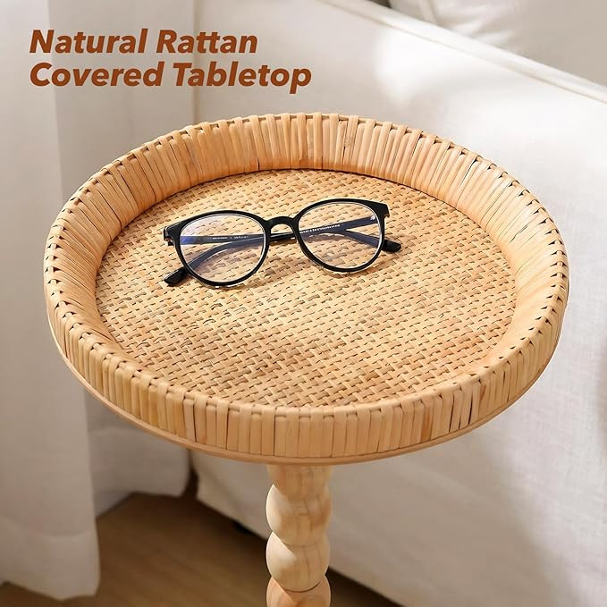 Boho Rattan Round Side Table - Small Pedestal Table for Living Room, Bedroom, or Office - Compact... | Amazon (US)