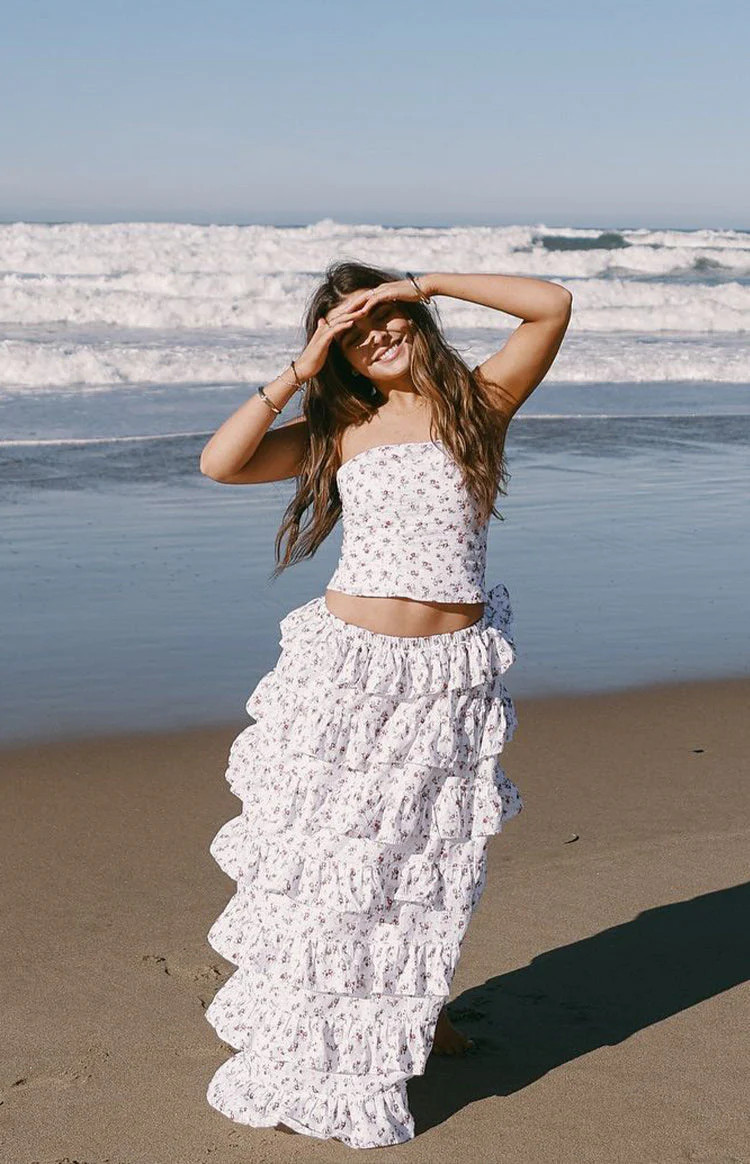 Paisley White Floral Ruffle Maxi Skirt | Beginning Boutique (US)