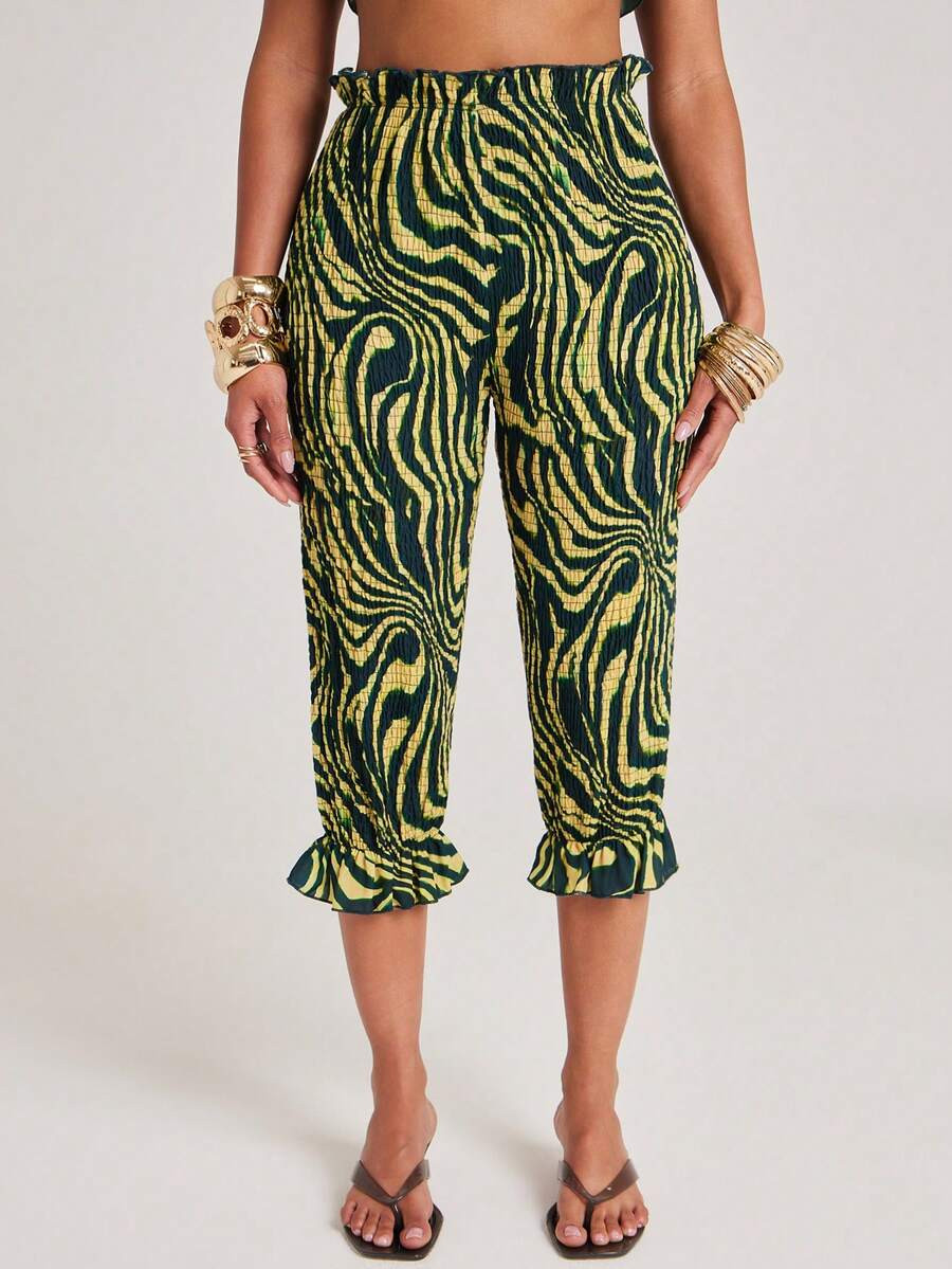 NYA SZN Nayeli Pant Smocked Capri Trouser Bottom Abstract Pattern Fitted Bodycon Satin Brunch Cas... | SHEIN