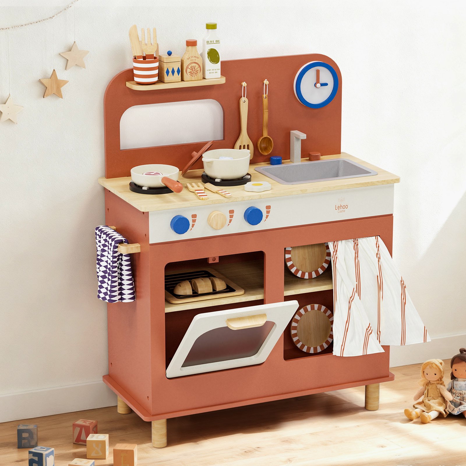 Play Kitchen, Kids Wooden Kitchen Play Set with Cutting Play Food, Pretend Play Stove + Play Sink... | Walmart (US)