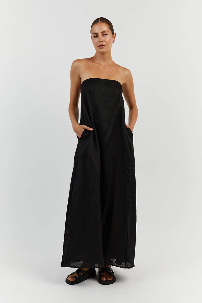 KARNEY BLACK LINEN STRAPLESS DRESS | DISSH