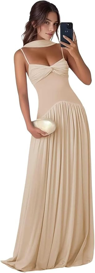 Chiffon Bridesmaid Dress for Wedding Women Spaghetti Straps Long Formal Evening Maxi Dresses with... | Amazon (US)