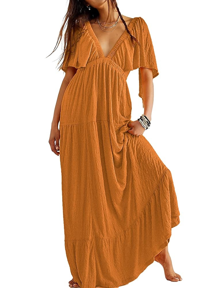Women Summer Dresses Sexy V-Neck Maxi Dress Tiered Silhouette with Flutter Sleeve Backless Elasti... | Amazon (US)