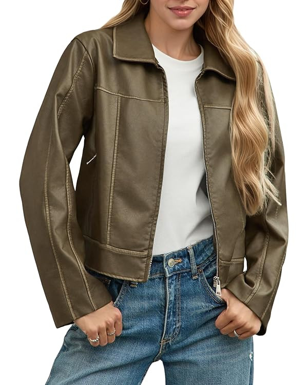 Yousify Womens Faux Leather Jacket Casual Zip Up Motorcycle Long Sleeve Collared Fall Cropped Coa... | Amazon (US)