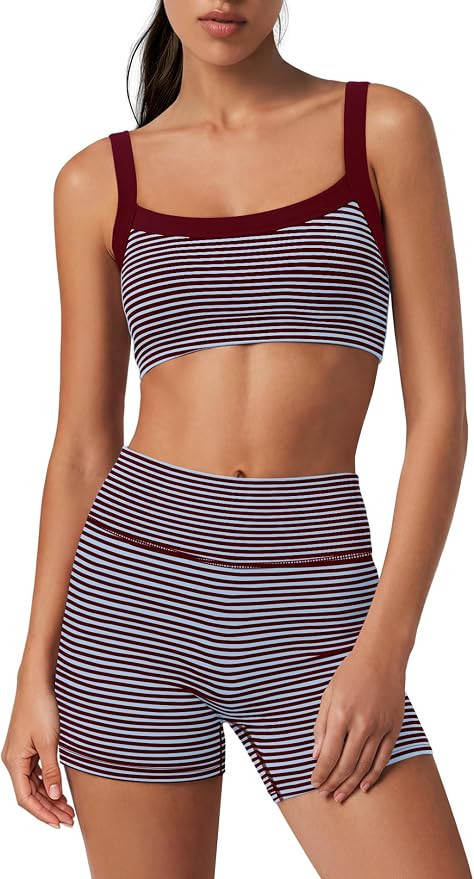 Womens Striped Workout Set Two Piece Yoga Sets Activewear | Stretchy Soft Activewear Sets, 2 Piec... | Amazon (US)