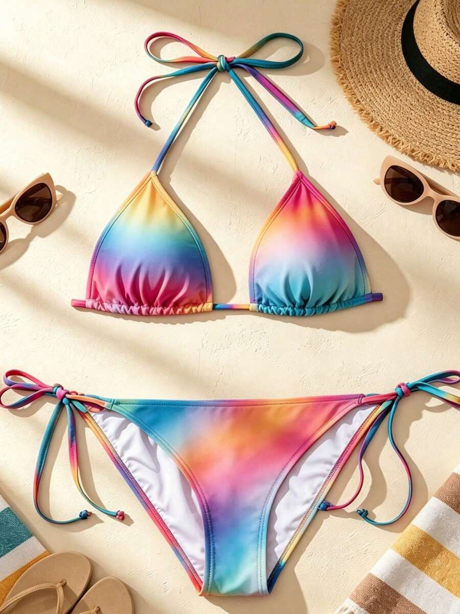 LocalWomen's Swim Vcay Halter Color Blocking Tie-Dye Rainbow Print Sexy Summer Beach Vacation Bik... | SHEIN