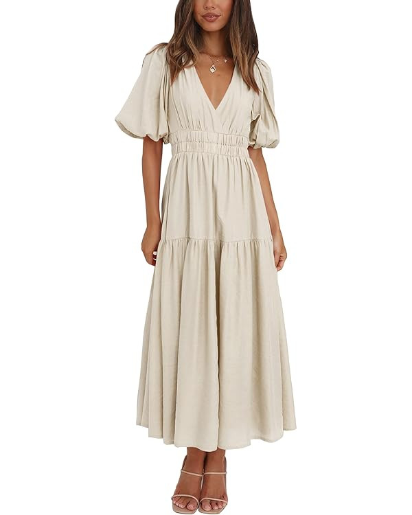 Lucrosun Women's Summer V Neck Short Puff Sleeve A Line Tiered Midi Dress | Amazon (US)
