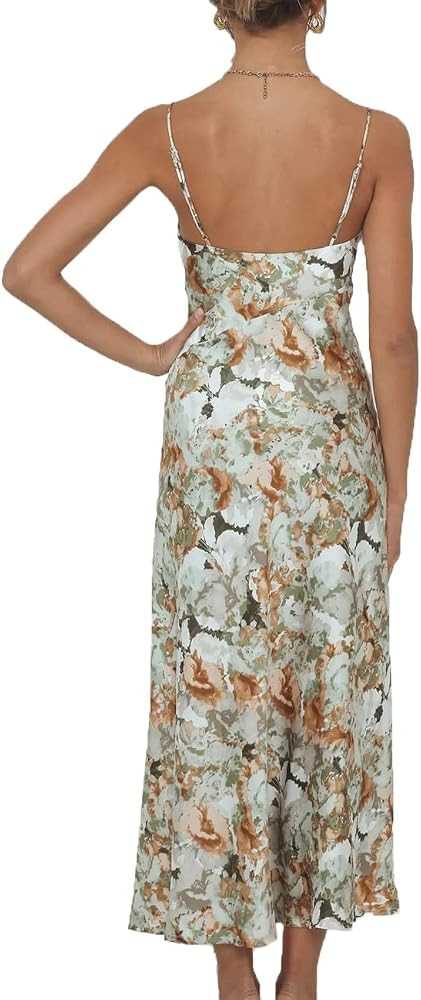 Satin Silk Slip Maxi Dress for Wedding Guest Women- Cowl Neck Pleated Bust Split Wedding Guest Cockt | Amazon (US)