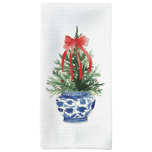 Tzhim Christmas Tea Towels, Blue and White Chinoiserie Christmas Decor Kitchen Towels, Red Bow Ribbon Christmas Kitchen Towels, Grandmillennial Christmas Decor Dish Towels Dishcloths, 16x24inch | Amazon (US)